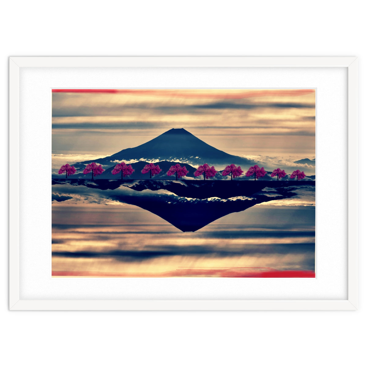 Reflection on Mount Fuji with cherry trees.