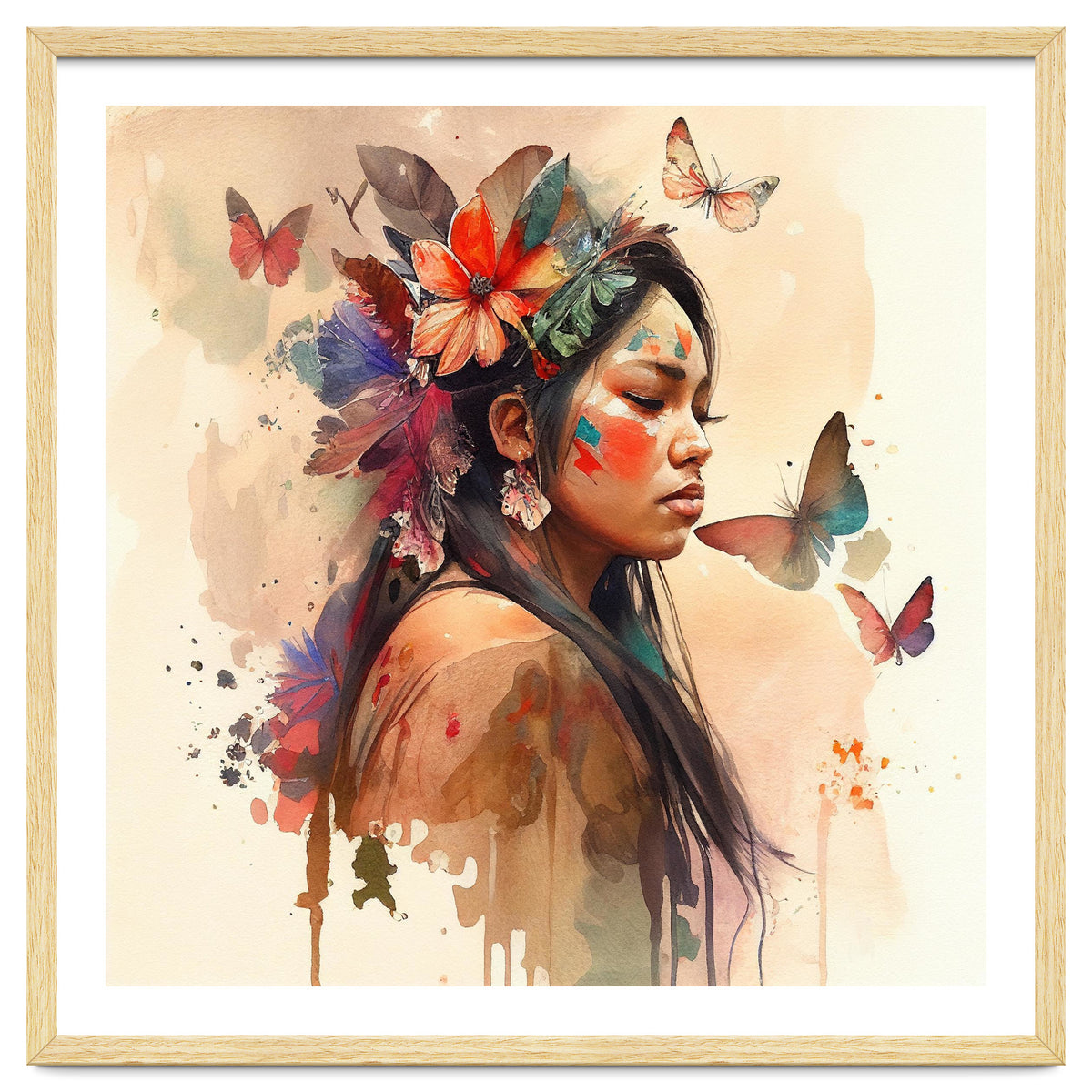 Watercolor Floral Indian Native Woman #8