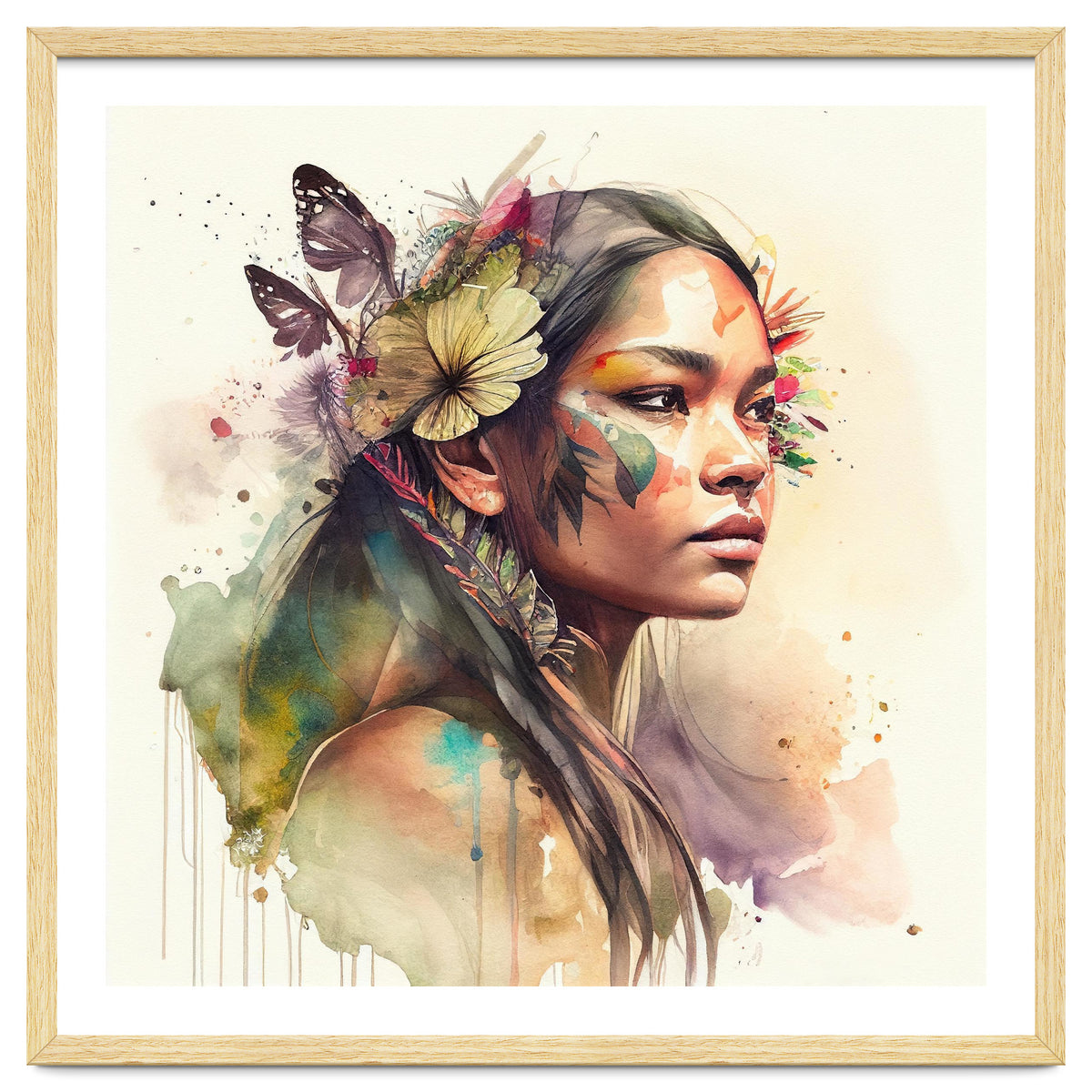 Watercolor Floral Indian Native Woman #2