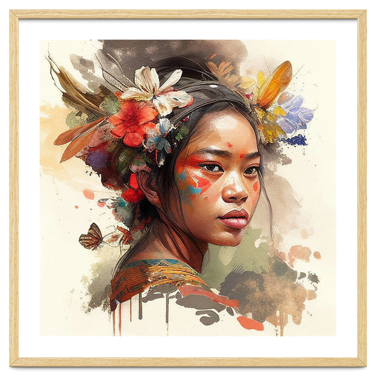 Watercolor Floral Indonesian Native Woman #3