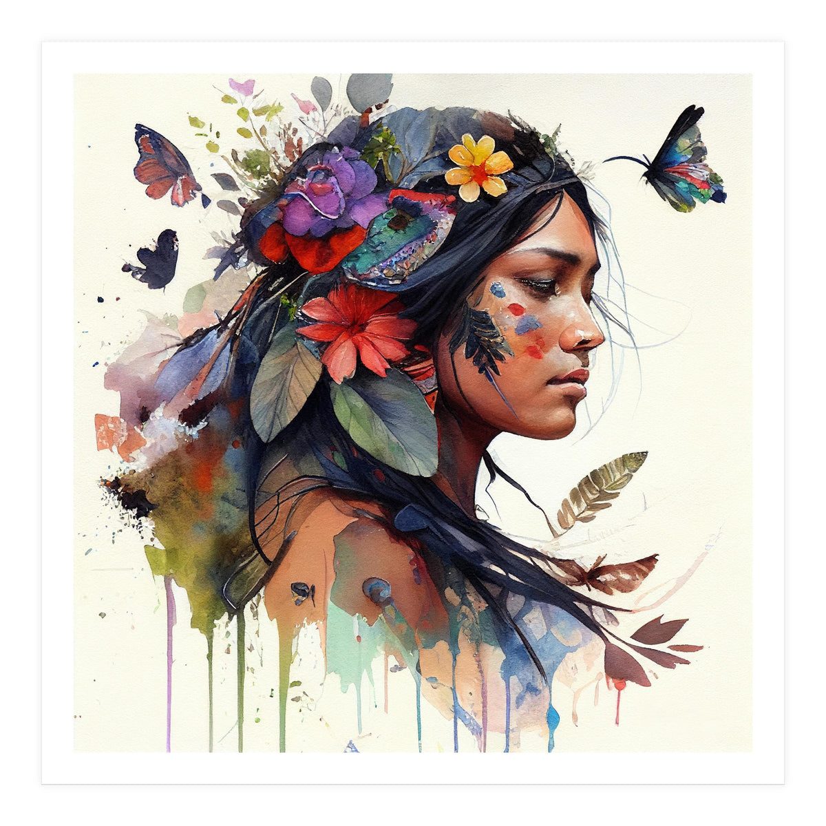 Watercolor Floral Indian Native Woman #15 (Print Only)