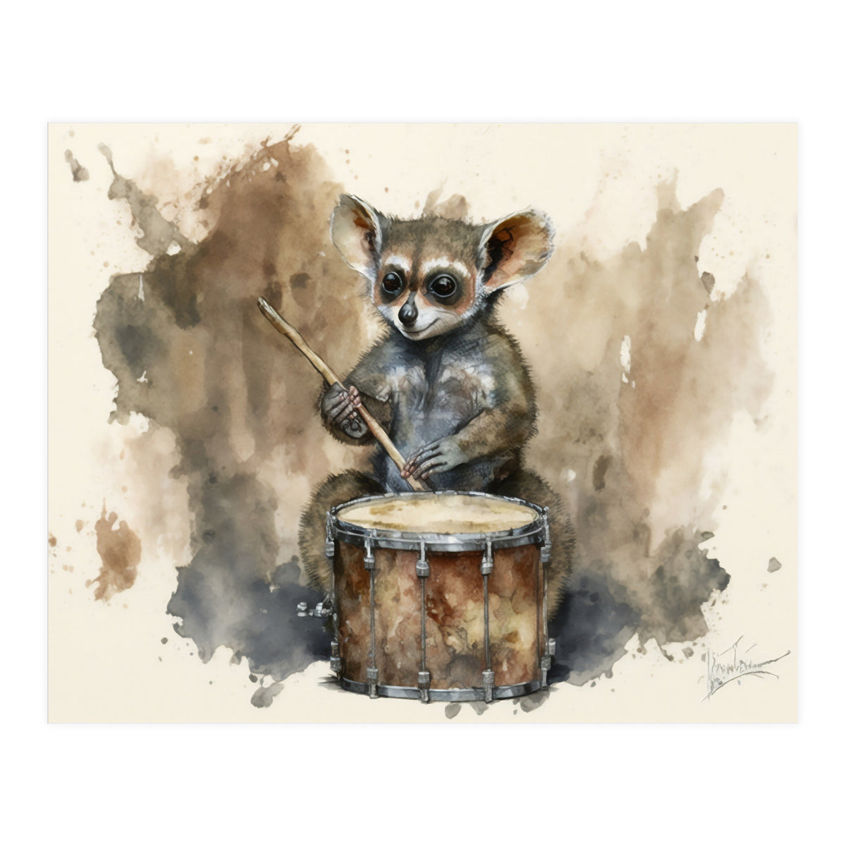 Bush Baby Playing Drum Watercolor Painting (Print Only)