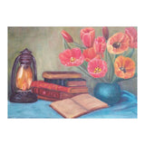 Still life with tulips, books and an old lamp. (Print Only) thumbnail