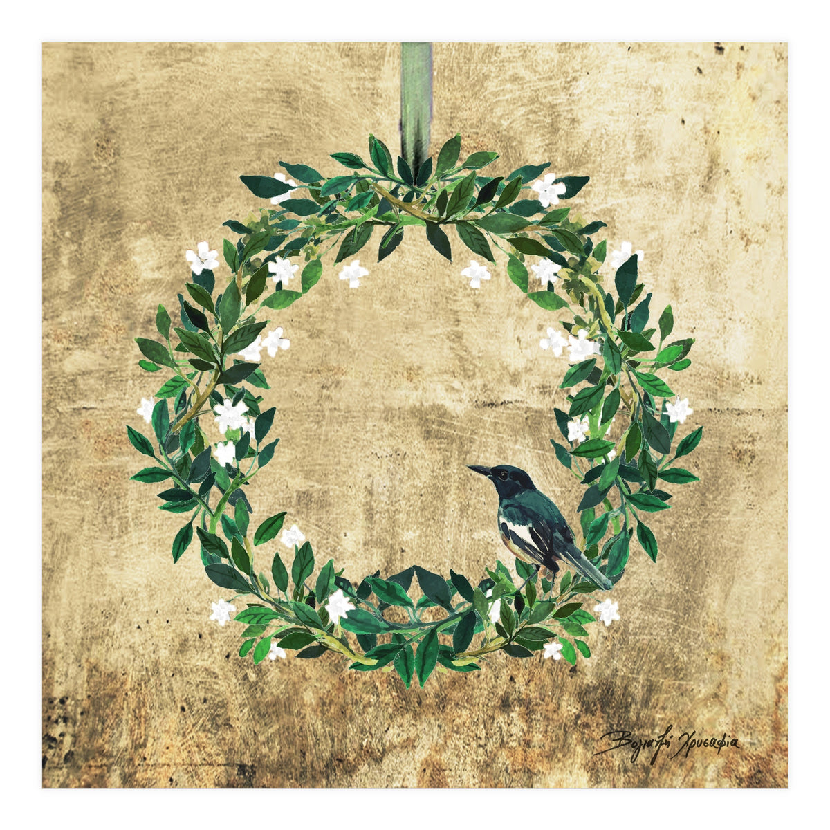 Wreath #White Flowers & Bird #Royal collection (Print Only)