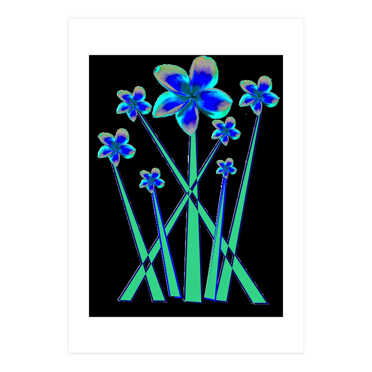Blue flowers on black. (Print Only)