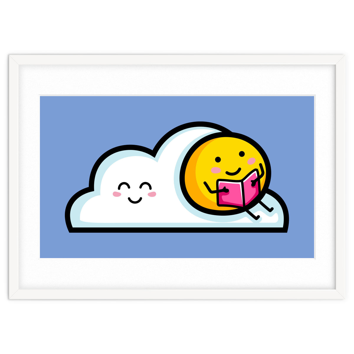 Kawaii Cute Sun Reading A Book On A Cloud