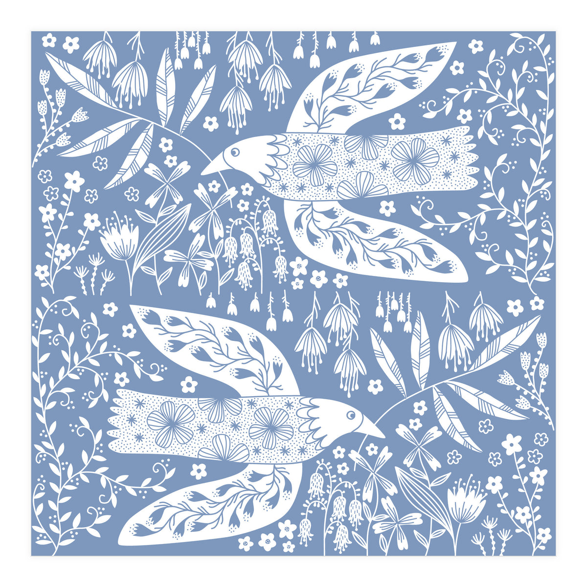Doves And Flowers White On Blue (Print Only)