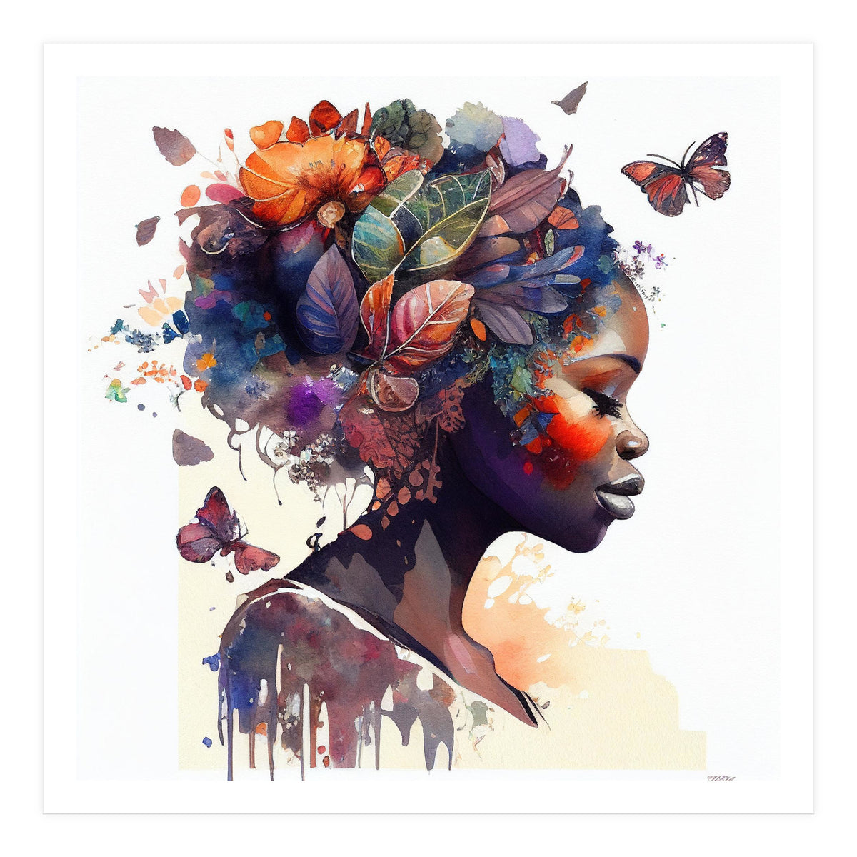 Watercolor Butterfly African Woman #9 (Print Only)