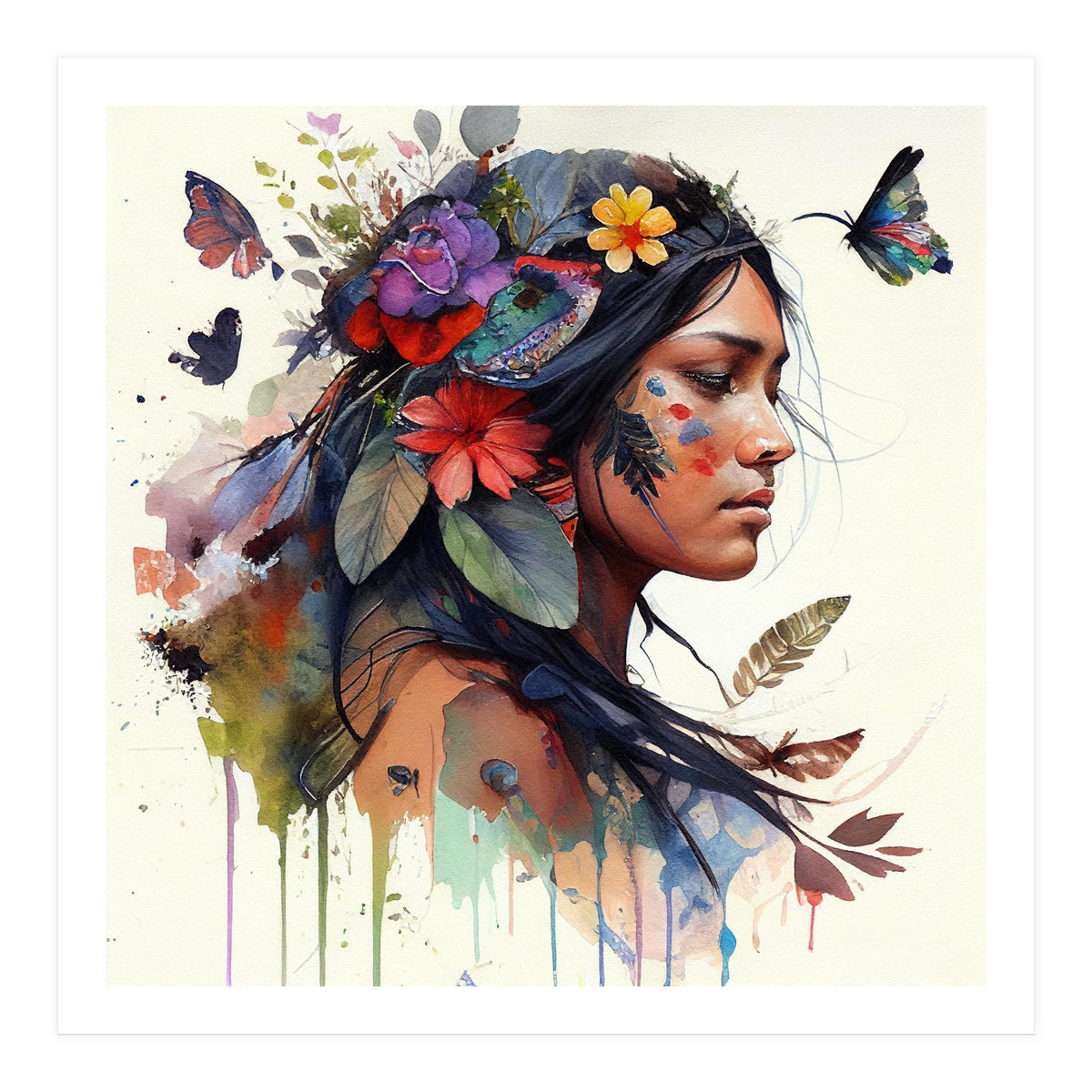 Watercolor Floral Indian Native Woman #15 (Print Only)