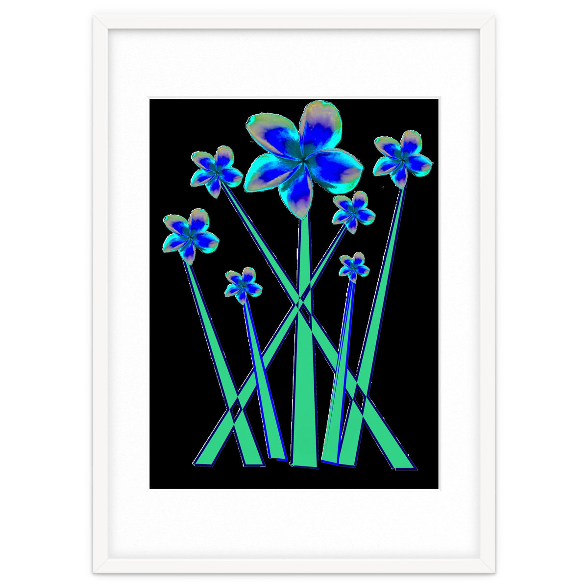 Blue flowers on black.