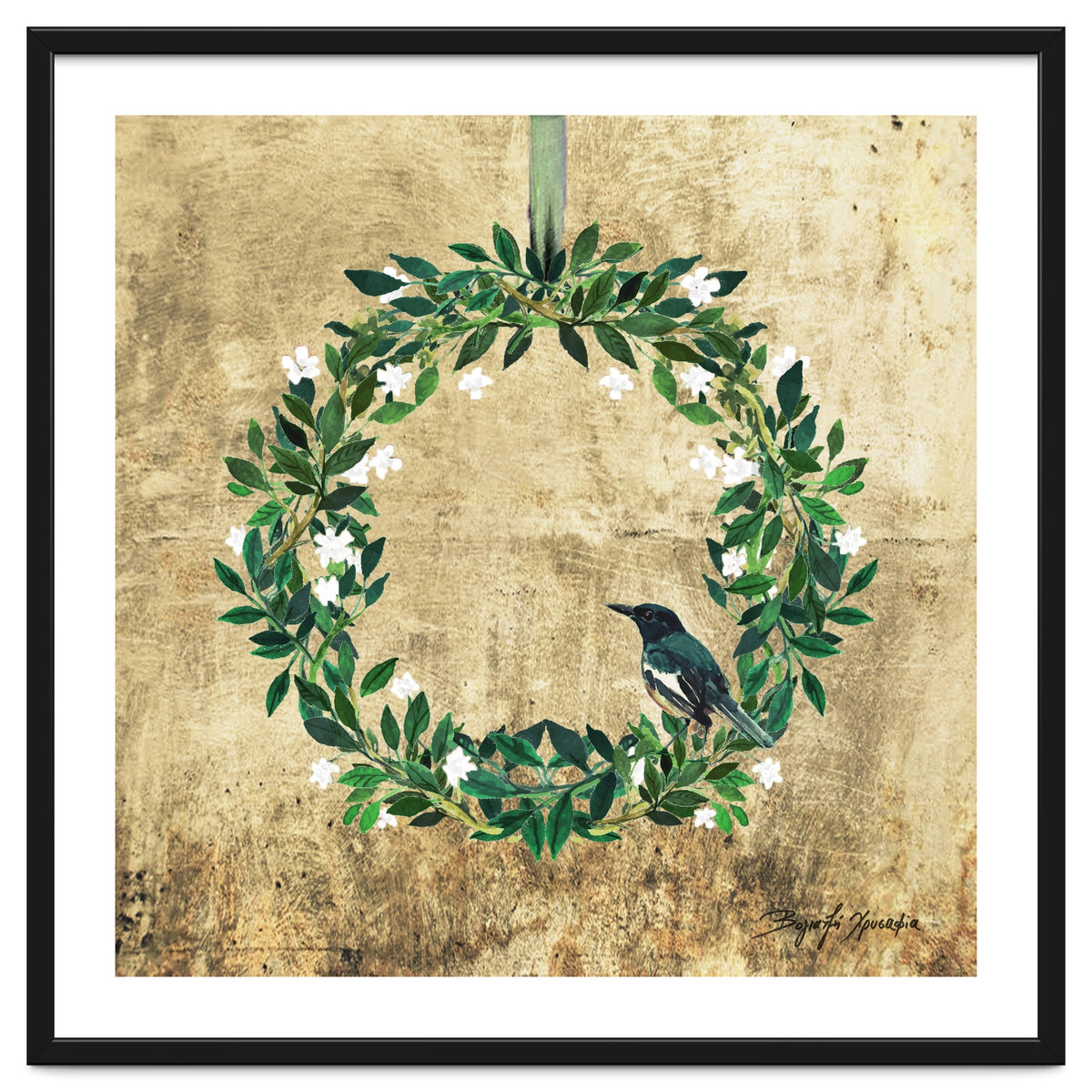 Wreath #White Flowers & Bird #Royal collection