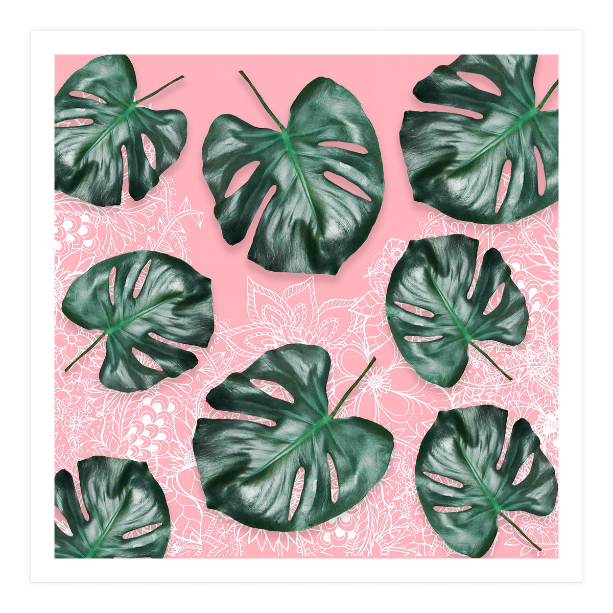 Modern 3d green tropical monstera leaf photo on blush pink white floral illustration (Print Only)