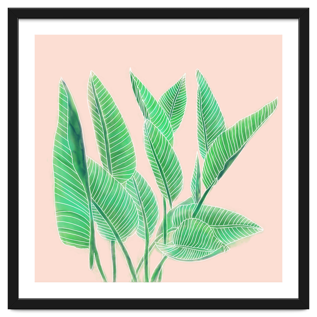 Modern Hand Painted Tropical Green Watercolor Leaf Bird Of Paradise On Pastel Pink