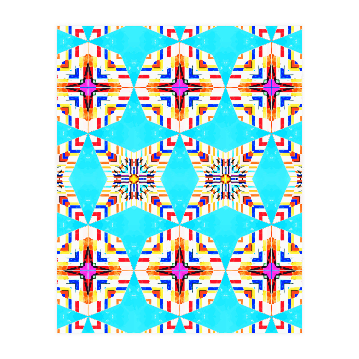 Exotic Tiles, Moroccan Teal Kaleidoscope Pattern, Turkish Bohemian Colorful Culture Eclectic Graphic (Print Only)