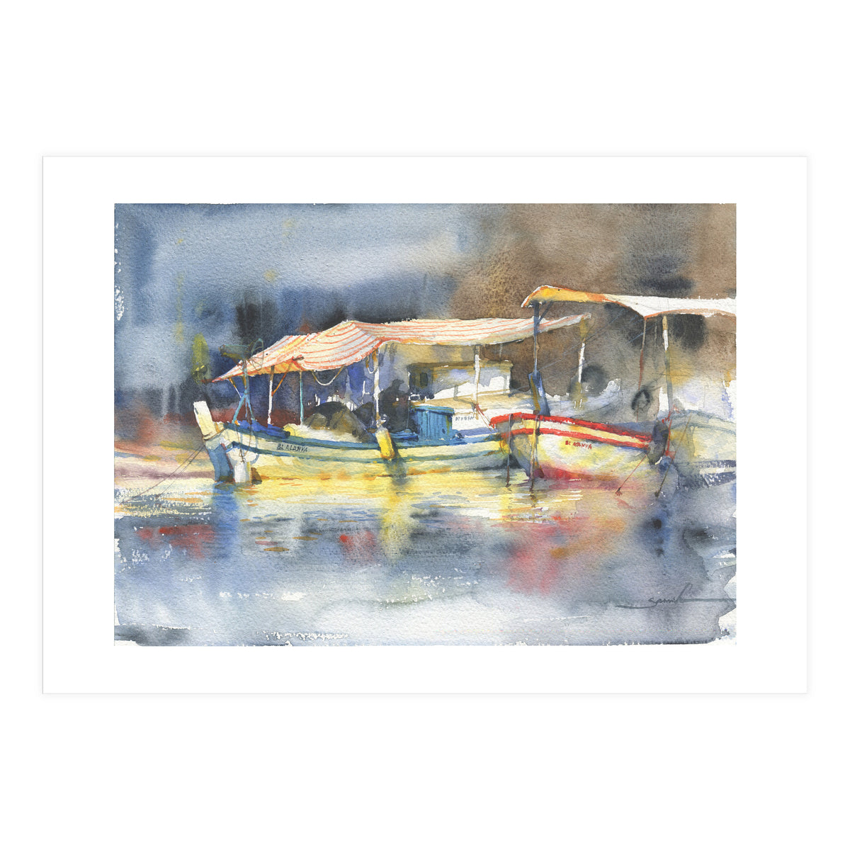 Yachts in the port. Watercolor art (Print Only)