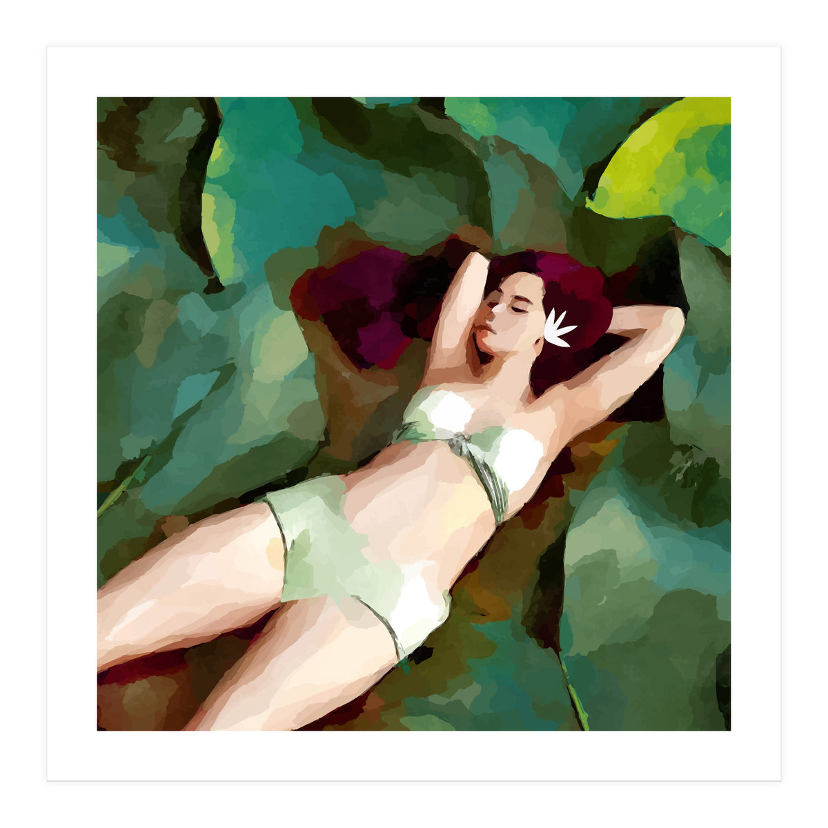 The Moment of Peace, Girl Woman on Lotus Leaf, Tropical Nature Botanical Watercolor Bohemian Painting (Print Only)