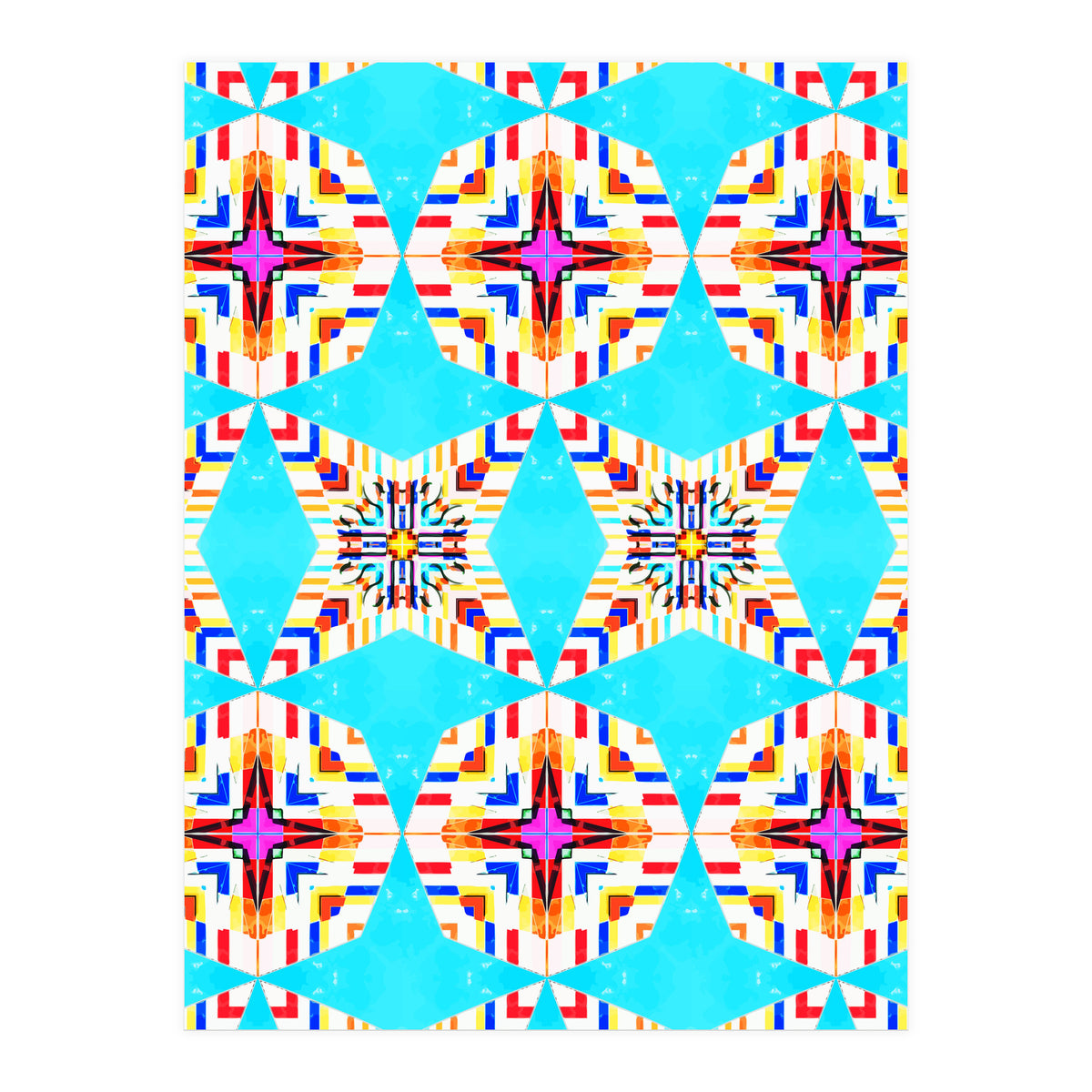 Exotic Tiles, Moroccan Teal Kaleidoscope Pattern, Turkish Bohemian Colorful Culture Eclectic Graphic (Print Only)