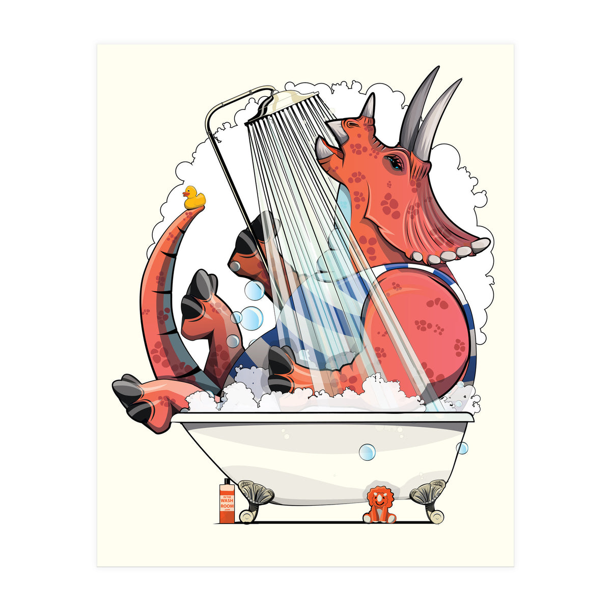 Dinosaur Triceratops in the Shower, funny bathroom humour (Print Only)