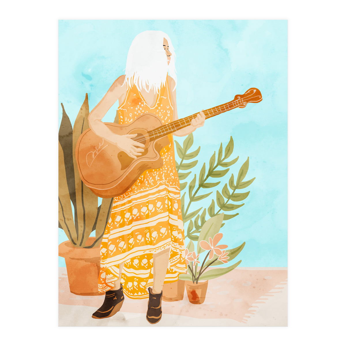 Music Soothes My Soul | Urban Hippie Bohemian Woman Playing the Guitar | Plant Lady Painting (Print Only)