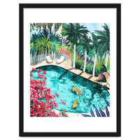 Luxury Tiger Villa illustration, Architecture Travel Nature Painting, Hotel Landscape Garden