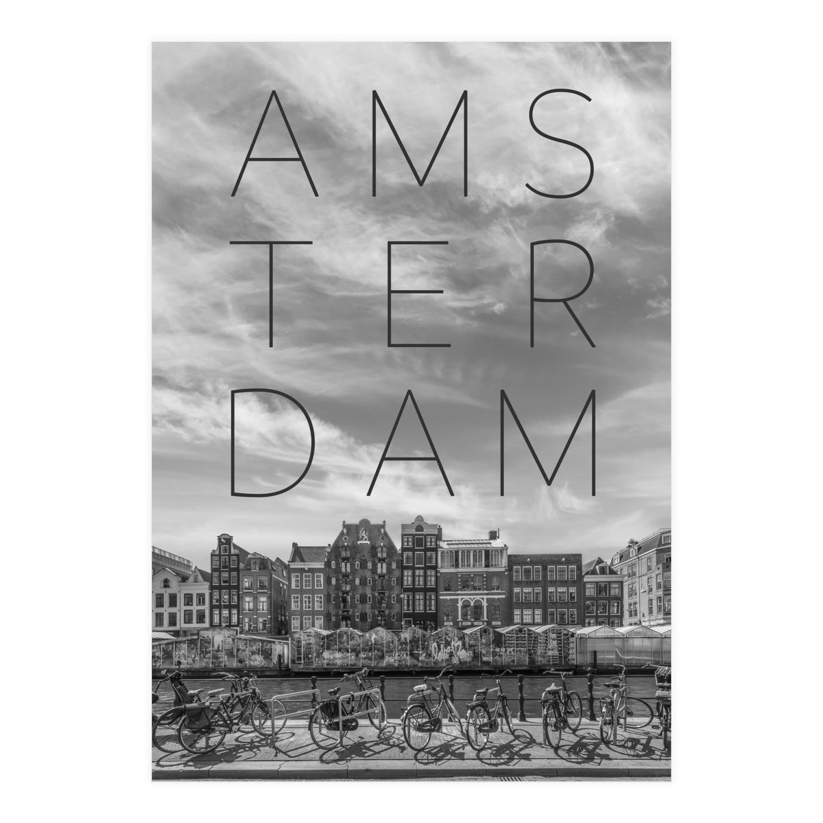 AMSTERDAM Singel Canal with Flower Market | Text & Skyline (Print Only)