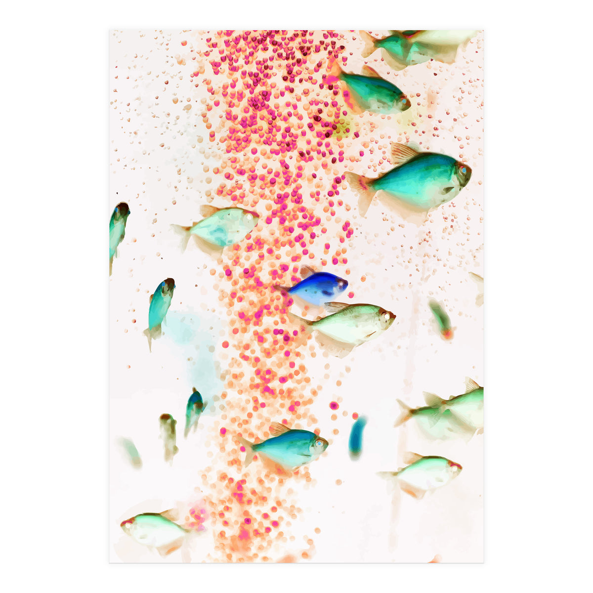 Something Fishy, Pink Bubbles & Blue Green Fish Graphic Design Digital Eclectic Surrealism (Print Only)