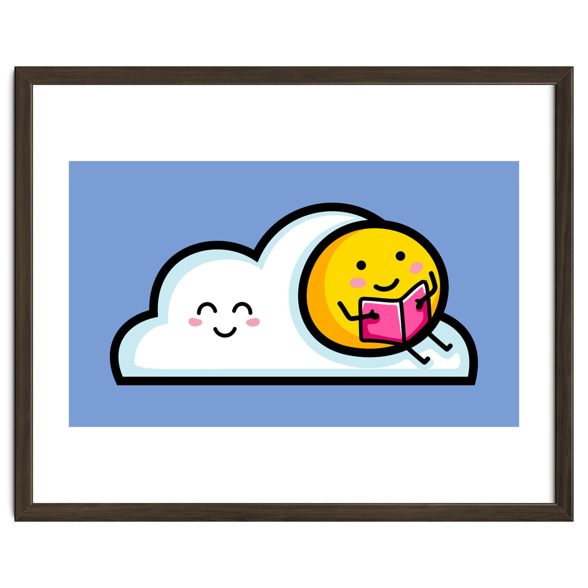 Kawaii Cute Sun Reading A Book On A Cloud