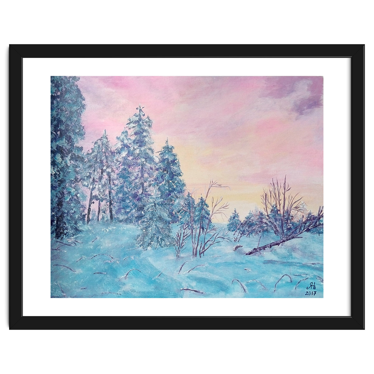 Pink sunrise in the winter forest