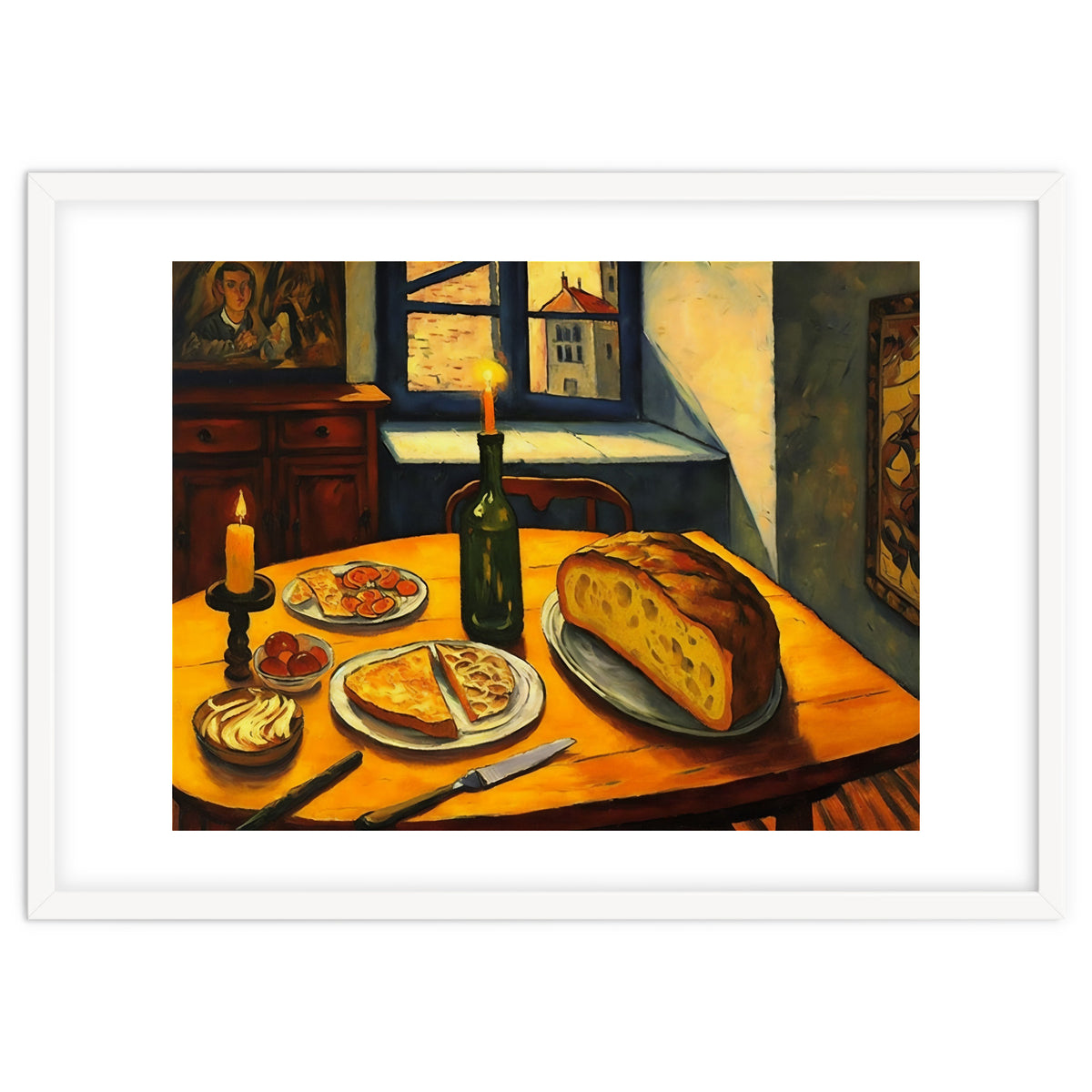 Table Setting of Bread and Cheese Oil Painting