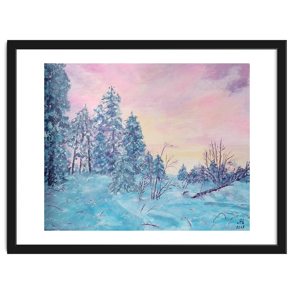 Pink sunrise in the winter forest