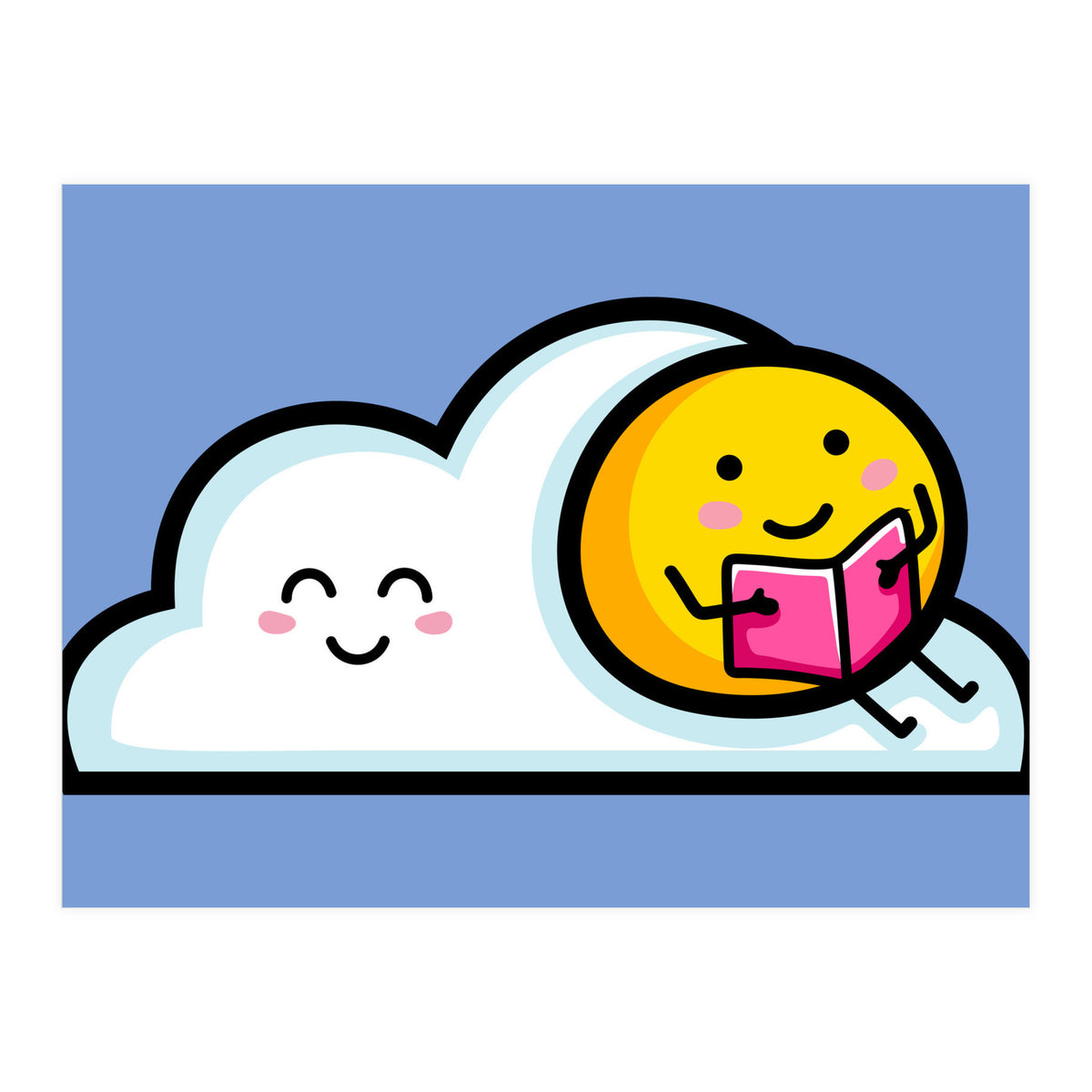 Kawaii Cute Sun Reading A Book On A Cloud (Print Only)