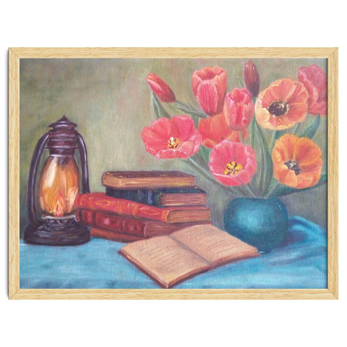 Still life with tulips, books and an old lamp.