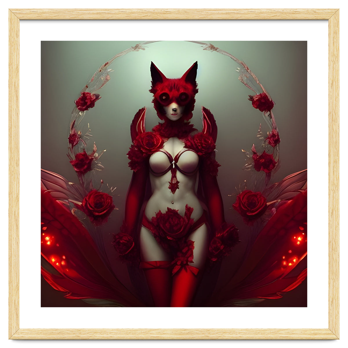 Red Floral Fox Vixen in Lingerie with Roses