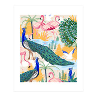 Utopia, Tropical Wildlife Animals, Flamingo Peacock Seagull Vintage Botanical Palm (Print Only)