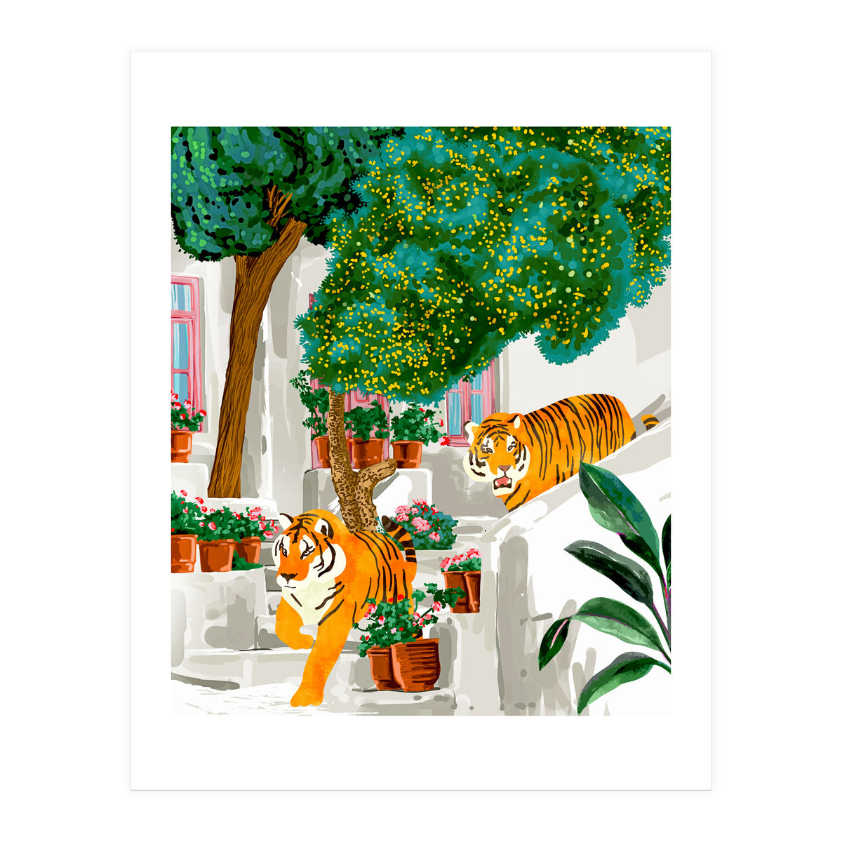 Tigers in Greece | Santorini Travel Architecture, Wildlife Animal Painting | Watercolor Illustration (Print Only)