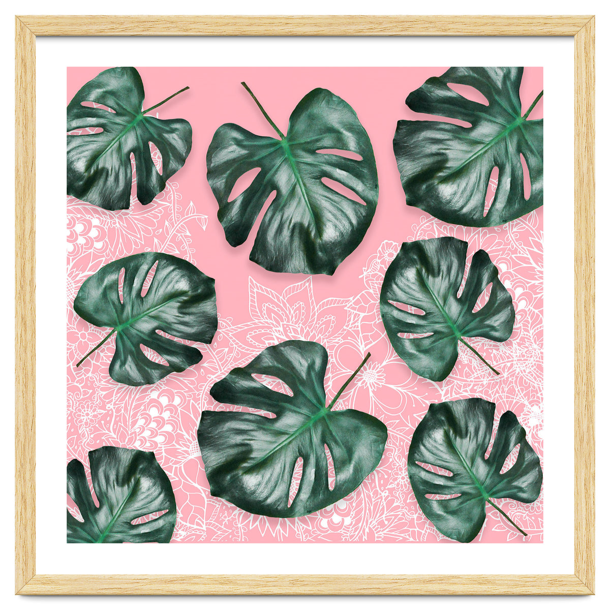 Modern 3d green tropical monstera leaf photo on blush pink white floral illustration