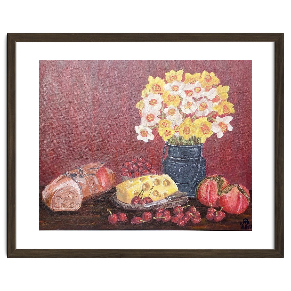 Still life with cheese, daffodils on a red background.