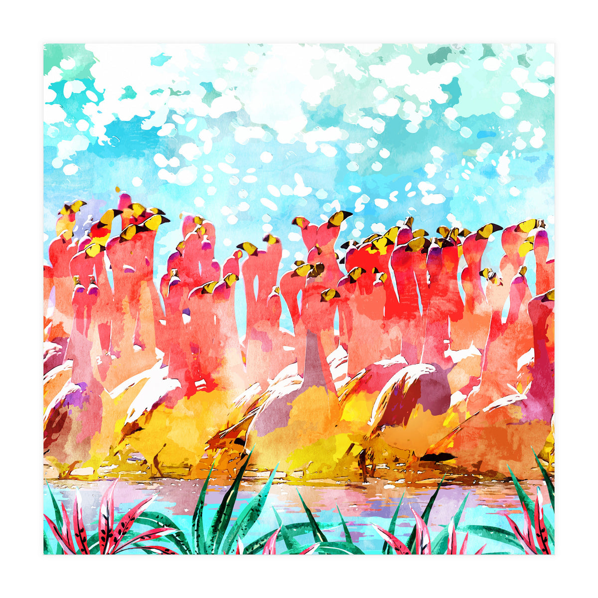 Save The Tropics Series Flamingo Flock Watercolor Painting (Print Only)
