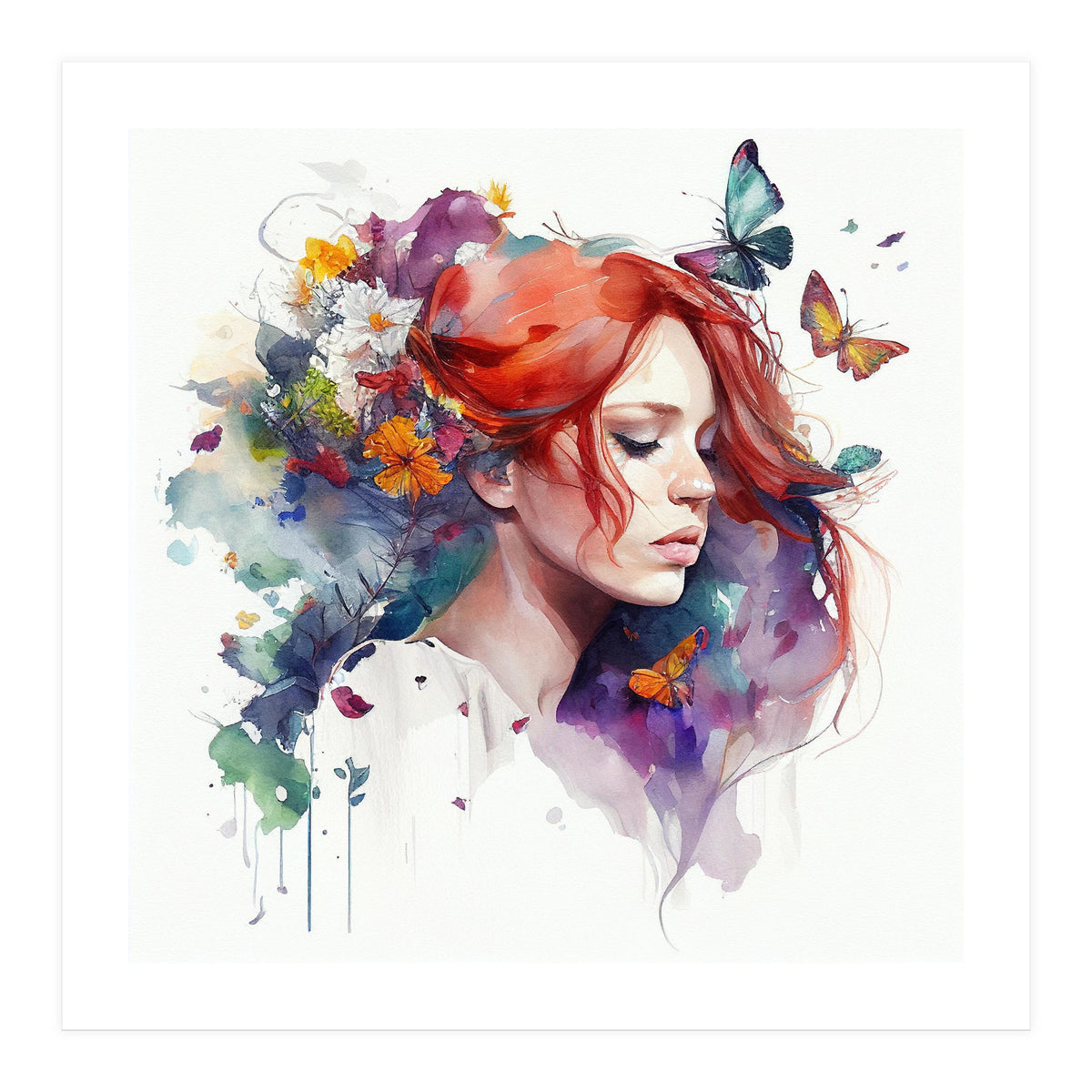 Watercolor Floral Red Hair Woman #1 (Print Only)