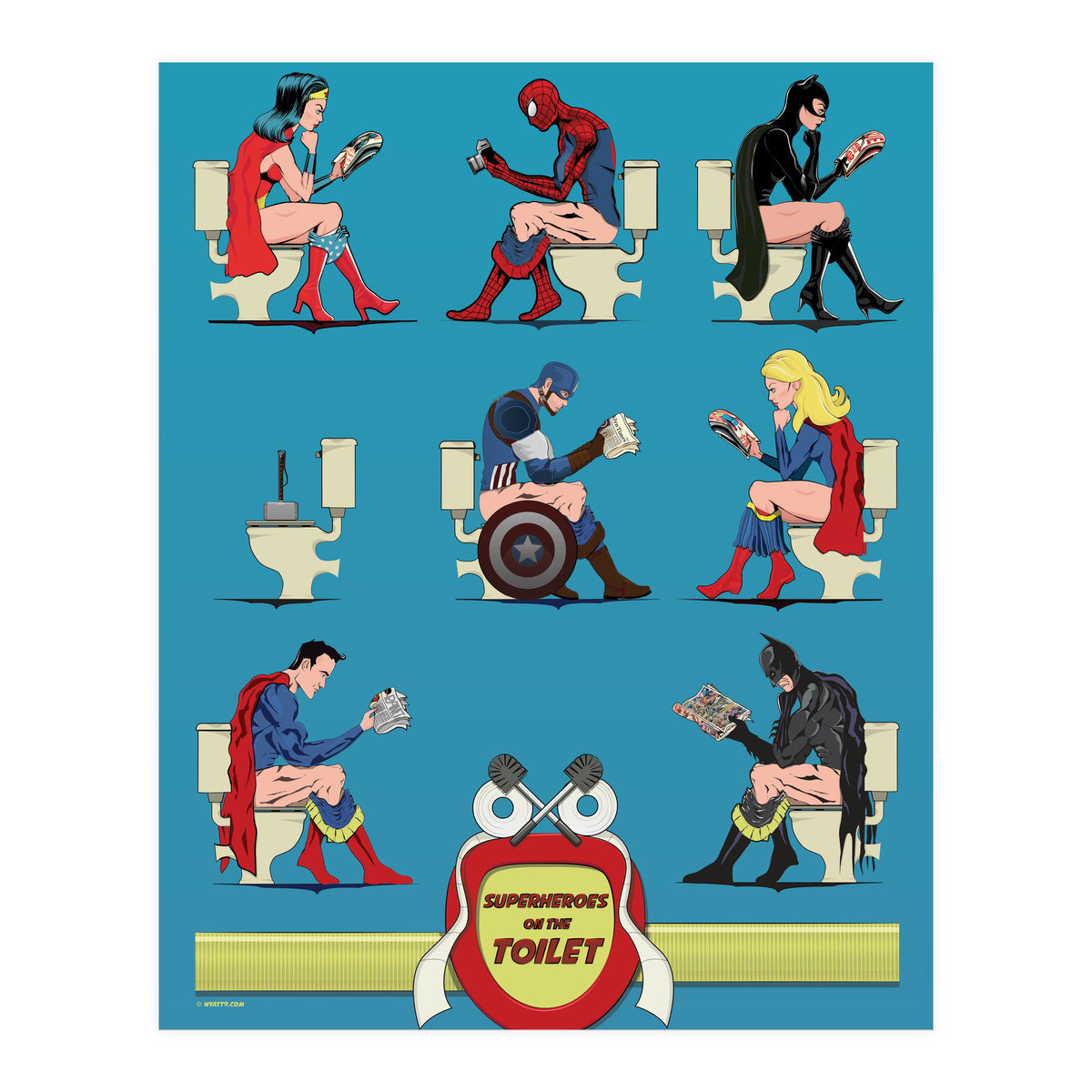 Superheroes on the Toilet, funny poo humour (Print Only)