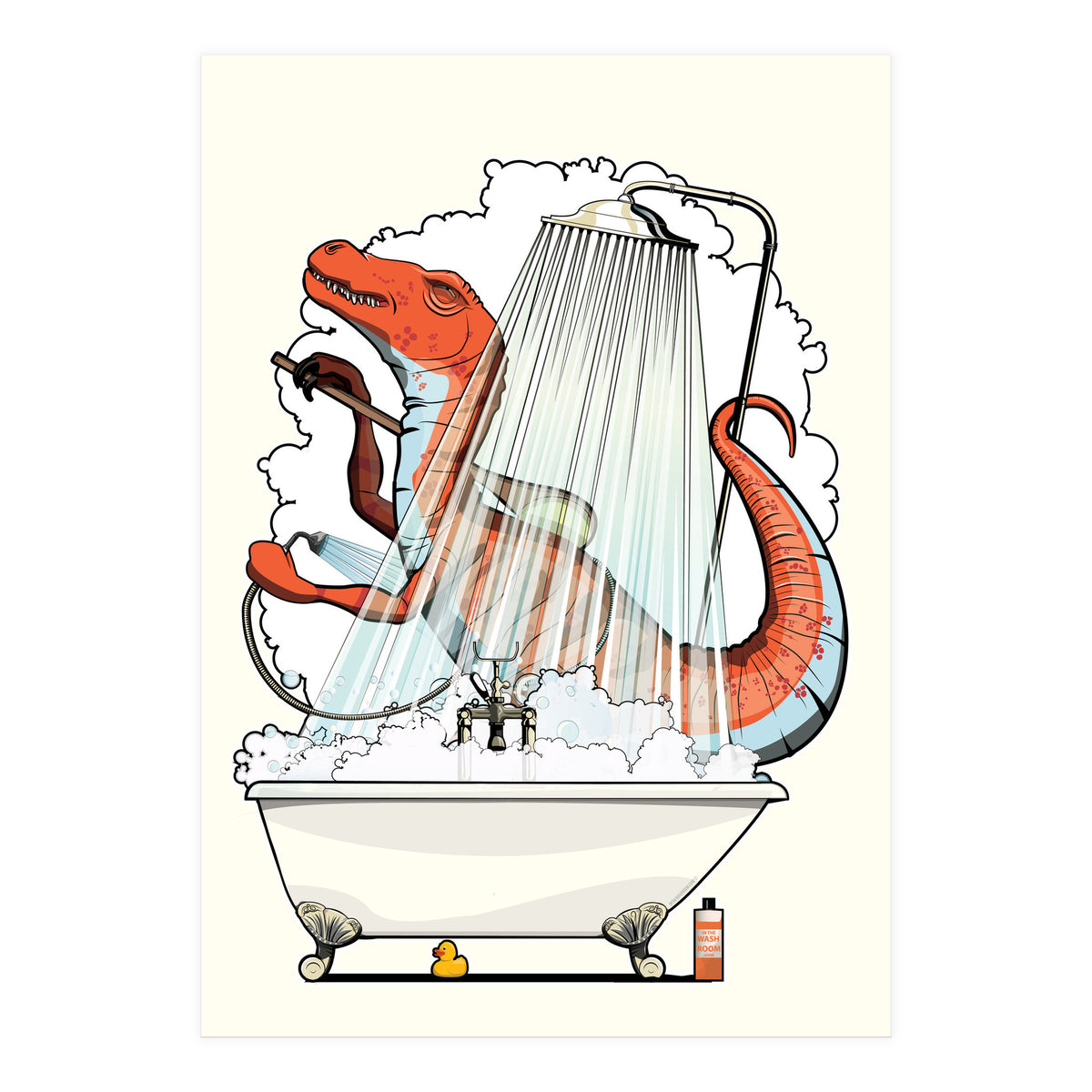 Dinosaur Velociraptor in the Shower, funny bathroom humour (Print Only)