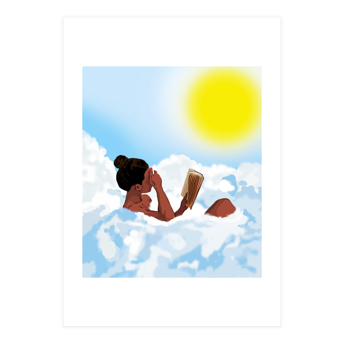 Reading on Clouds, Black Woman Summer Sunny Day Book Painting, Bohemian Nude (Print Only)