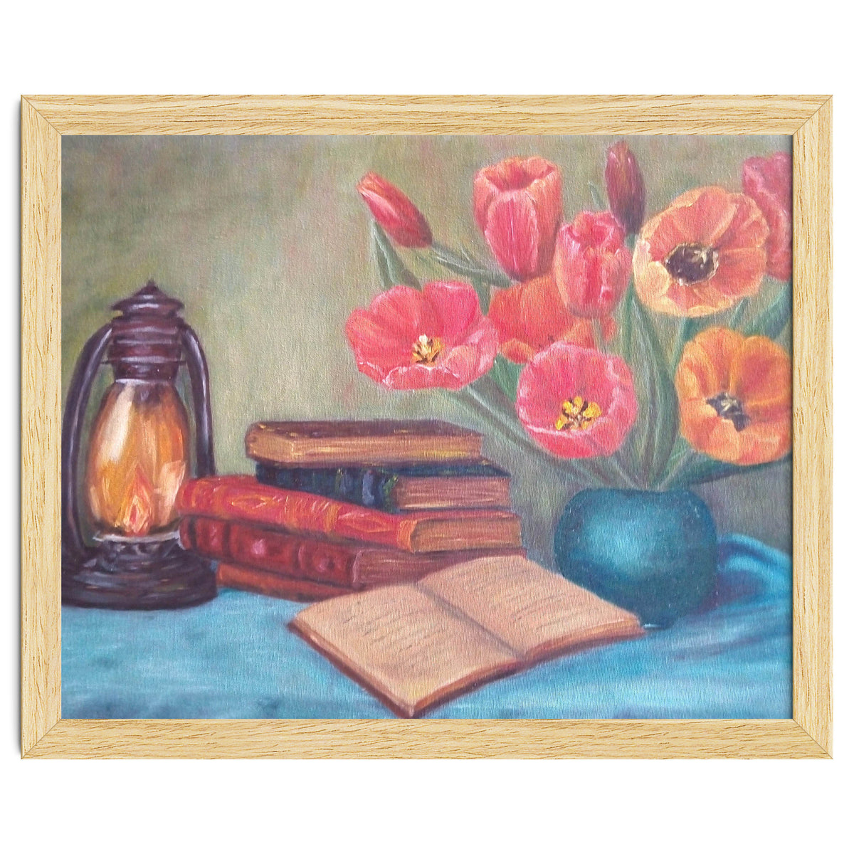 Still life with tulips, books and an old lamp.