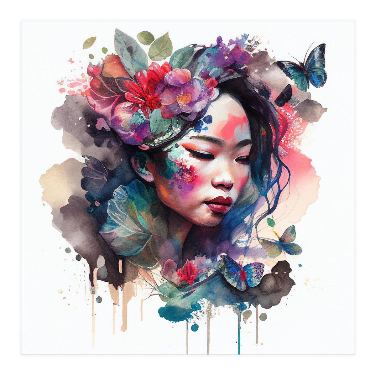 Watercolor Floral Asian Woman #10 (Print Only)