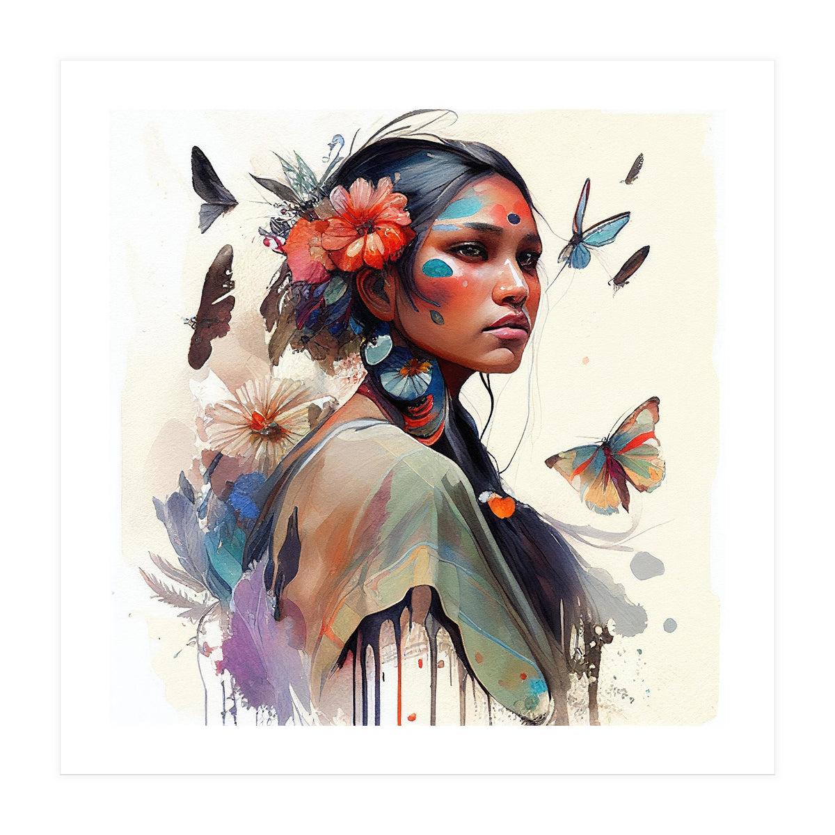Watercolor Floral Indian Native Woman #3 (Print Only)