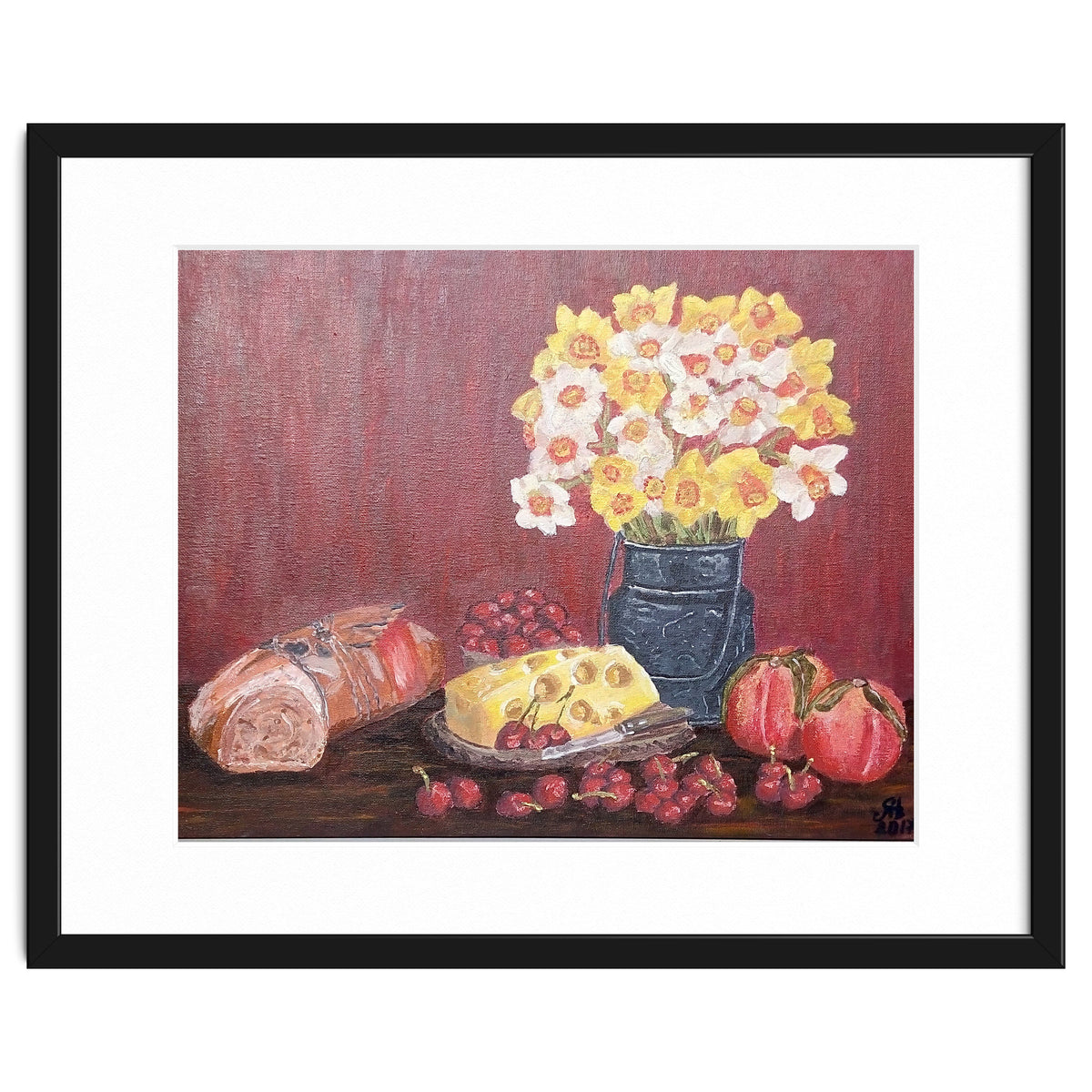 Still life with cheese, daffodils on a red background.