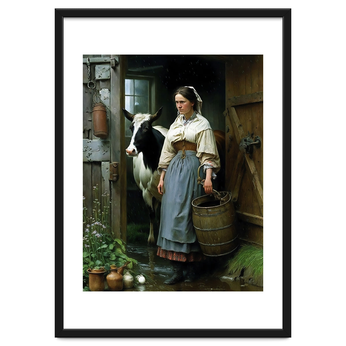 Farm Girl and Cow in Barn Oil Painting