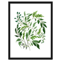 Botanical Abundance, Fresh Green Nature Watercolor Painting, Vibrant Leaves Minimal Illustration