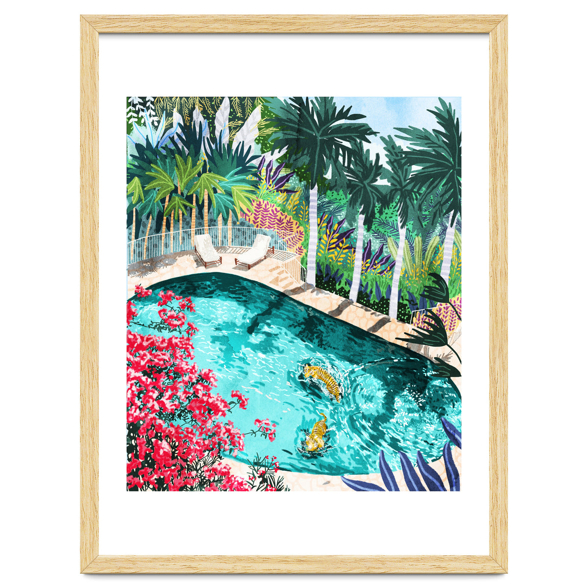 Luxury Tiger Villa illustration, Architecture Travel Nature Painting, Hotel Landscape Garden