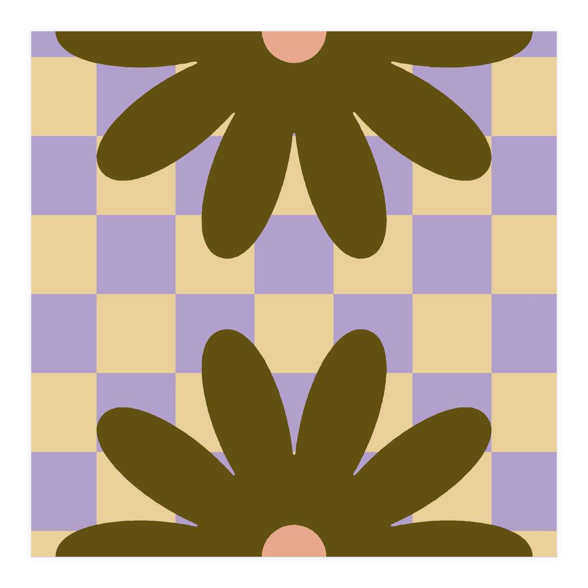 Retro Geometric Simple Flower on Checkerboard (Print Only)
